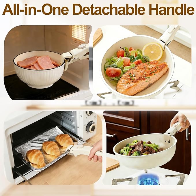 Removable Pot and Pan Handle - Detachable Cookware Handle with Quick-Release Button, Space-Saving Universal Handle for Most Cookware, Sturdy & Durable, Ivory White, 2 Pack