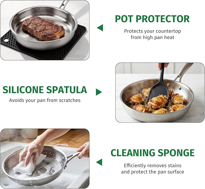 12 Inch Stainless Steel Pan, 5pcs Tri-Ply Stainless Steel Frying Pan with Lid, Dishwasher & Oven Safe, Induction Cooking Skillets, Fast & Even Heat and Detachable Handle