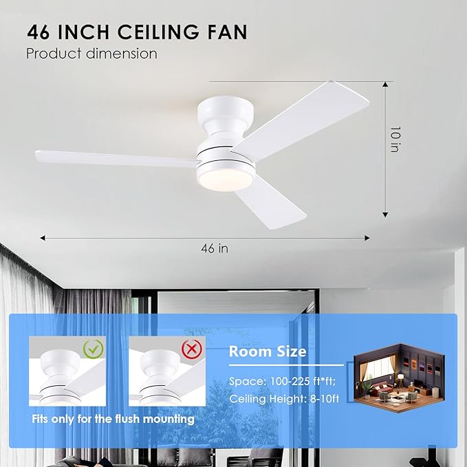 Asyko 46" White Low Profile Ceiling Fan with Light and Remote,Modern Flush Mount Ceiling Fans for Bedroom, Living Room, 6 Speeds, Dimmable, Timer, Quiet Reversible