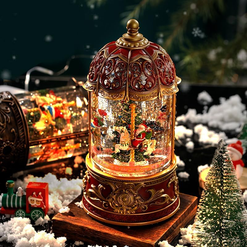 Carousel Christmas Snow Globes Santa Claus, Rotating Shatterproof Music Box