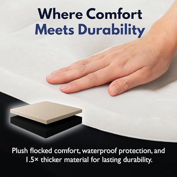 King Koil Luxury Camping Air Mattress Queen Size with Built-in Pump, Portable Travel Airbed, Waterproof Durable Inflatable Double High Blow Up Bed, 1-Year Warranty Manufacturer Warranty