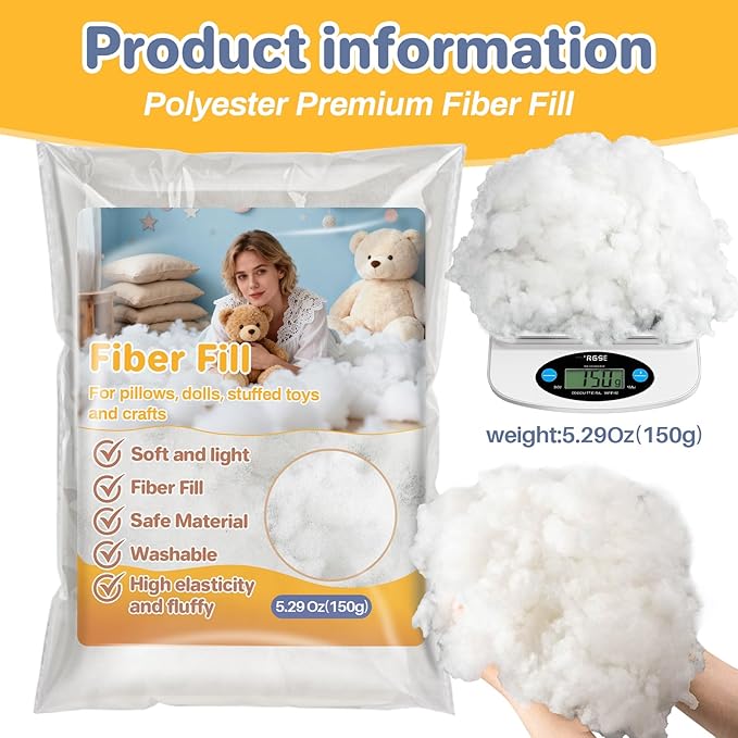 RAINFLOW 5.3oz Polyester Premium Fiber Fill - Polyester Fiber Fill,Soft and Resilience,Stuffing for Pillow,Small Dolls,Cushion,Craft and Stuffed Animals,pp Cotton Stuffing for DIY Craft,Recyclable