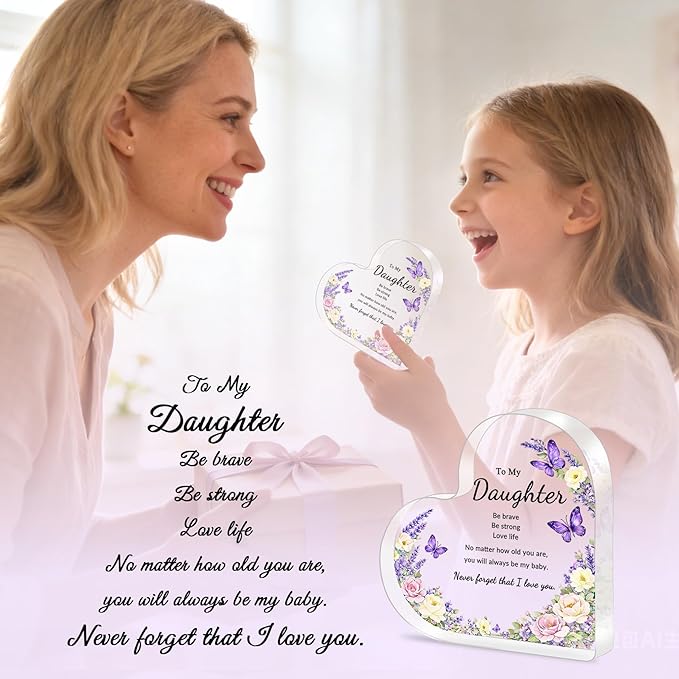 Mothers Day Gifts for Daughter, Gifts for Daughter from Mom Dad- Purple Acrylic Heart Plaque, Inspirational Adult Daughter Gift for Birthday Mother's Day Graduation