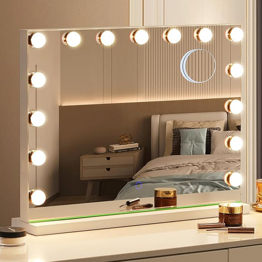 Hollywood Vanity Mirror with Lights, 23"x18" Lighted Makeup Mirror with 10x Magnification for Desk/Wall Mount, 15 Led Bulbs, 3 Lighting Modes for College Dorm, Bedroom, Dressing Room