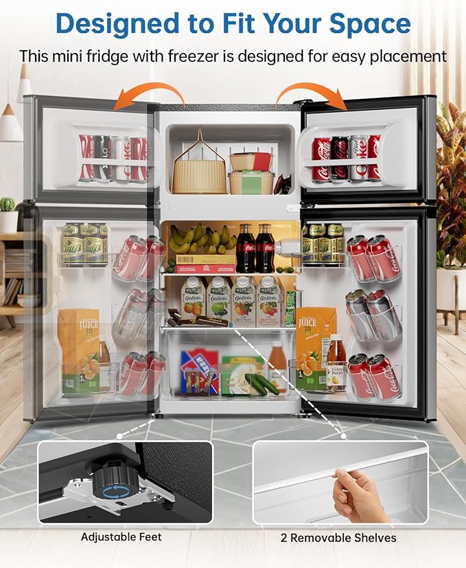3.2 Cu Ft Mini Fridge with Freezer - Energy Efficient, Double Door Upright Freezer for Bedroom, Office & Dorm | Small Fridge, Glass Shelves,Interior Light,ETL Certified,etc(Silver)