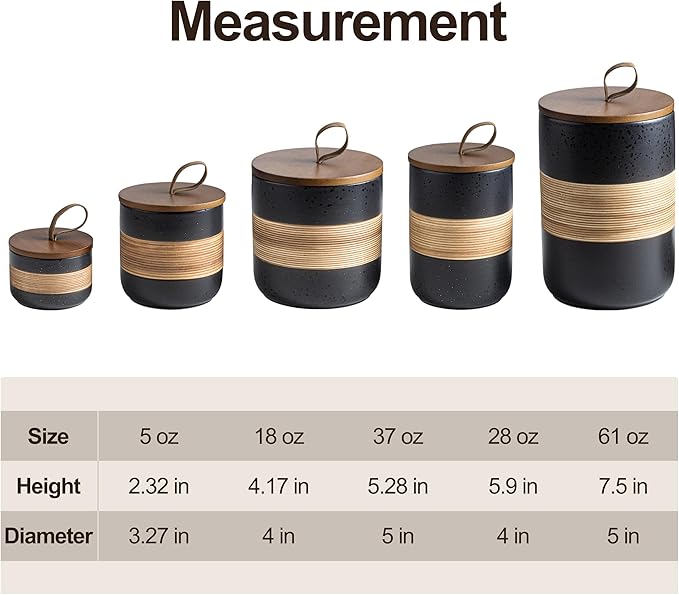 Miamolo Large Storage Containers with Lids, Ceramic Coffee Container Kitchen Food Storage Jars for Spice Sugar Tea Bag, Stackable Decorative Jars for Counter, Black & 61 fl.oz