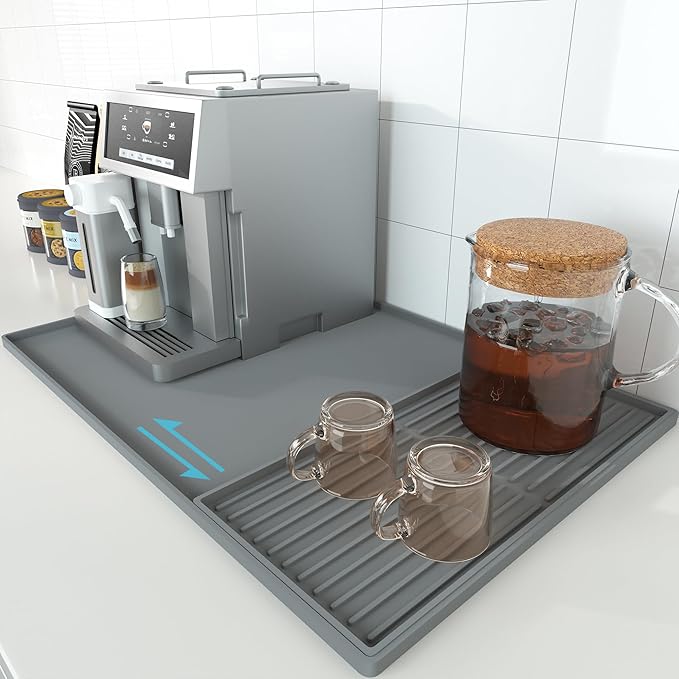 Golener Silicone Coffee Mat Set - 24" x 16" Coffee Bar Mat for Countertop, Kitchen Station Pad Accessories Fit Under Coffee Maker or Machine, Dish Drying Mat, Heat Resistant Kitchen Gadget, Grey