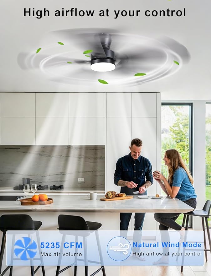 Ceiling Fans with Lights, 52" Low Profile Ceiling Fan with Light and Remote/APP Control, Modern Flush Mount Led Ceiling Fan for Indoor Bedroom Living Room, Dimmable, Qiuet DC Motor, Black