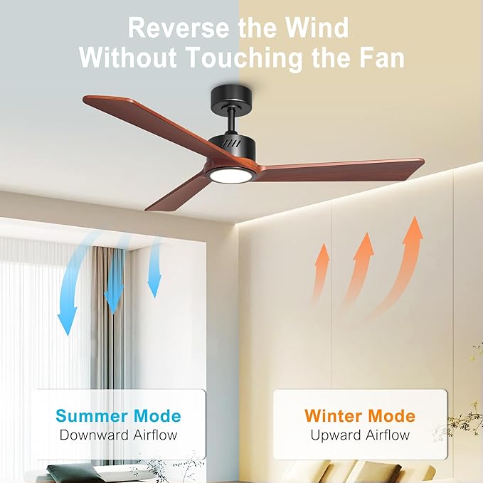 DAMINY Natural Solid Wood 52 inch Ceiling Fan with Light,3 Blade,6CCT,Black Low Profile Ceiling Fan with Light and Remote Control