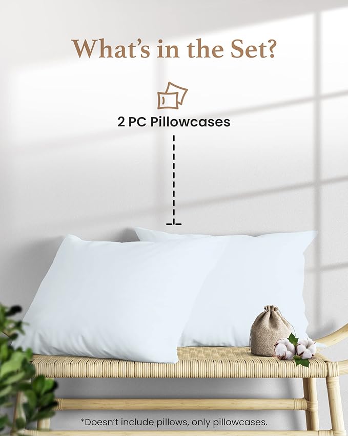 1000 TC Light Blue King Pillowcases Set of 2 100% Egyptian Cotton Pillow Cases with Long Staple Cotton & Sateen Weave, Silky Soft Hotel - Like Bed Pillow Covers for Comfy Sleeping, Snug Fit