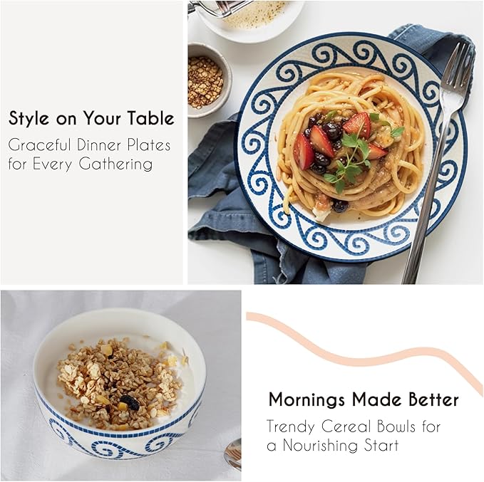 24 Piece Dinnerware Set – Coastal Dishes Dinnerware Sets for 8, Vintage Plates and Bowls Sets, Ceramic Dinnerware Sets for 8, Stoneware Kitchen Plates and Bowls Set