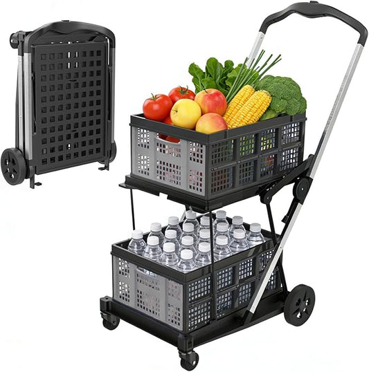 Collapsible Shopping Cart with Wheels,2 Tier Multi Use Foldable Shopping Cart with 2 Storage Crates,Folding Shopping Trolley Utility Cart for Office,Groceries, Warehouse,Supermarket,Picnic (Grey)