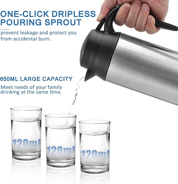 12V Car Kettle Boiler - 650ml Travel Kettle Car Water Heater Stainless Steel Car Coffee Cup Warmer Hot Water Maker with DC 12V Charger Electric Kettle for Car, Silver, A-1914218