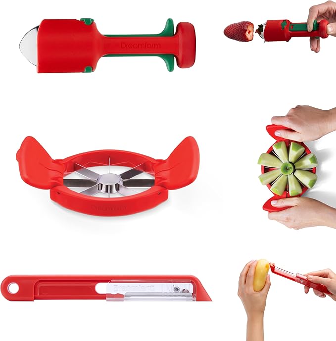 Dreamfarm Fruit Accessories Set – Apple Slicer & Corer, Multifunctional Fruit Pitter, Self‑Sharpening Peeler – Compact, BPA‑Free & Stainless Steel - Dishwasher Safe Kitchen Essential for Daily Use