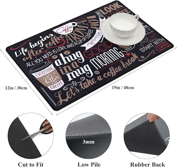 SHACOS Coffee Mat 2-Pack 12x19 inch Absorbent Non Slip Rubber Coffee Maker Mat for Countertop Bar Accessories Espresso Heat Resistant, Black Red