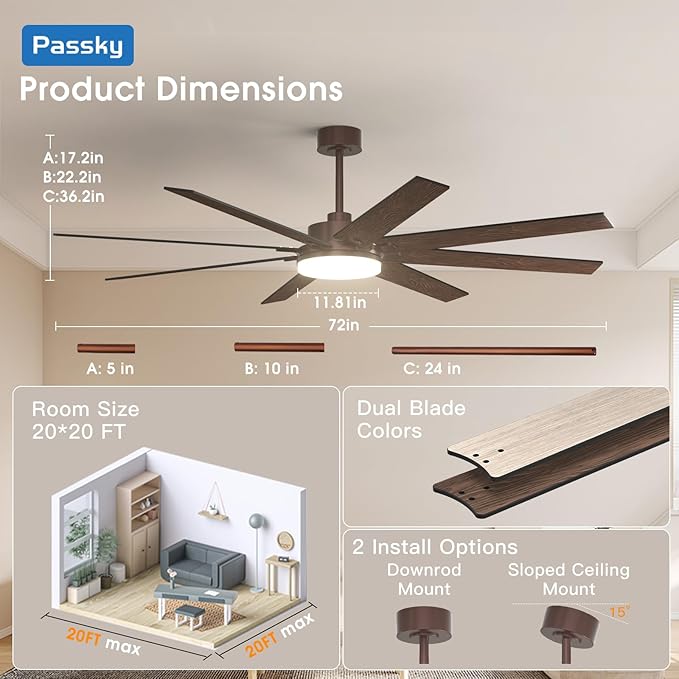 72 Inch Ceiling Fans with Lights, Large Modern Ceiling Fan with Light and Remote Control, Reversible, 3CCT, Dimmable, Quiet, Brown Ceiling Fan for Bedroom Living Room Patio Farmhouse, Indoor/Outdoor