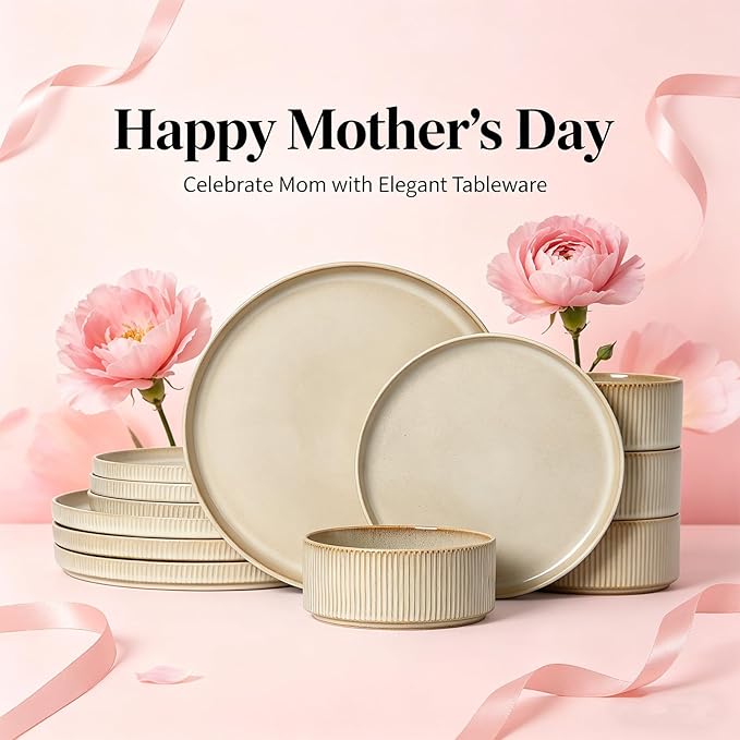 Stoneware Dinnerware Sets, Plates and Bowls Sets for 4, 12-Piece Ribbed Dishes – Chip & Scratch Resistant, Microwave and Dishwasher Safe Tableware, Beige