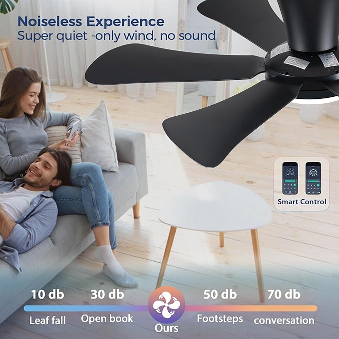 GJeg Ceiling Fans with Lights,36" Low Profile Ceiling Fan with Light and Remote Control,Flush Mount, Reversible, Dimmable, Noiseless, Black Ceiling Fan for Bedroom