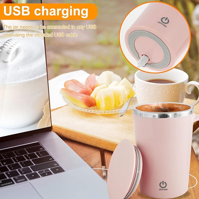 Electric Self Stirring Mug 1200mAh Rechargeable Automatic Mixing Mug Stainless Steel Magnetic Stirring Cup Reusable Self Mixing Coffee Cup Portable Auto Stirring Mug for Home Office Coffee Milk(Pink)