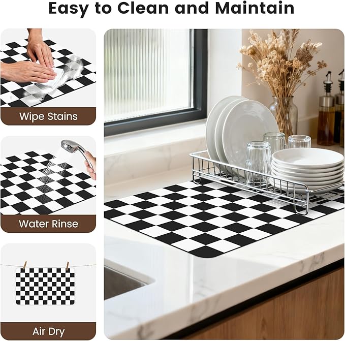 16" x 24" Checkered Dish Drying Mat for Kitchen Counter, Absorbent Coffee Bar Mat for Espresso Machine Coffee Countertops Accessories, Black