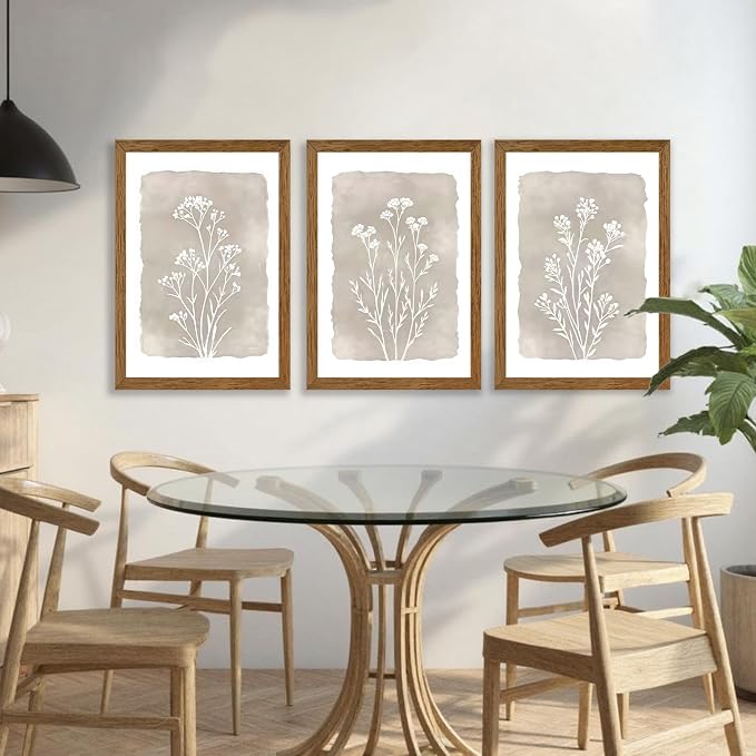 JLTULT 3 Piece Boho Beige Floral Wall Art, Minimalist Line Botanical Flower Wall Decor, Vintage Rustic Wildflower Art Prints for Living Room Bedroom Office Farmhouse Decoration 20x30 in Ready to Hang