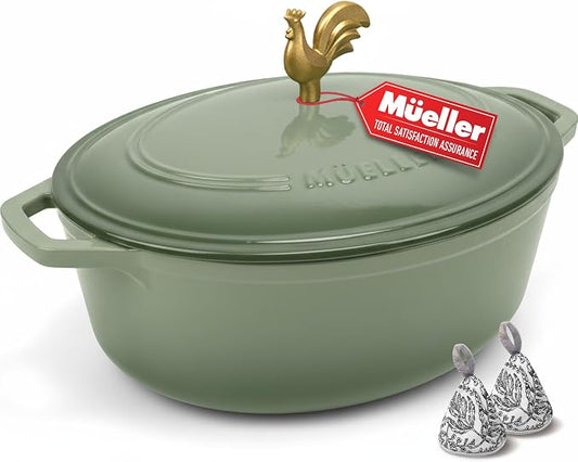 MUELLER HOME 5.5 Quart Enameled Cast Iron Oval Dutch Oven w Rooster Knob & Cotton Potholders, Heavy-Duty Cookware, Oven-Safe up to 500° F & Across All Cooktops, Gifts for Grandma & Women, Thyme Green | w Rooster Knob & Cotton Potholders, Heavy-Duty Coo...