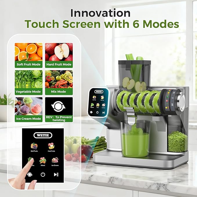 WETIE Cold Press Juicer, Powerful Juicer Machines with Adjustable Juicing Pressure, 99% High Juice Yield, Quiet Slow Masticating Juicer with Touch Screen, 3.54'' Feed Chute, Easy to Clean with Brush