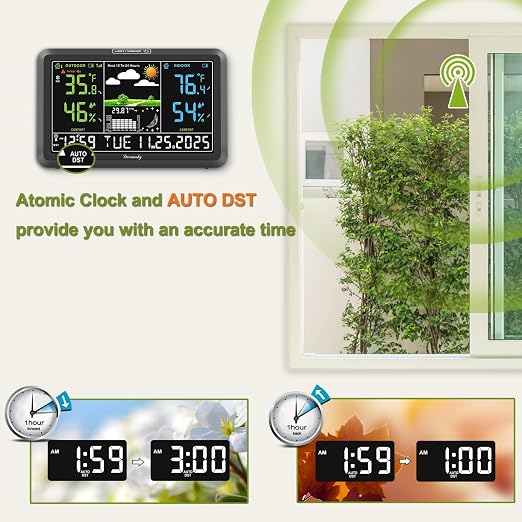 DreamSky Weather Station Indoor Outdoor Thermometer Wireless, Atomic Clock | Digital Large Display with Dimmer, USB Port, Inside Outside Temperature Humidity Monitor for Home (Plug-in)-2 Sensors