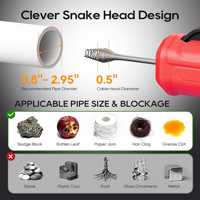 Ublue 21V Cordless Electric Drain Auger, 25Ft Auto Feed Drain Snake for Clog Remover with 2.0Ah Battery, Plumbing Snake for Sink Toilet Bathroom Shower Pipes 3/4"-2.95", Included Bag Gloves Rag