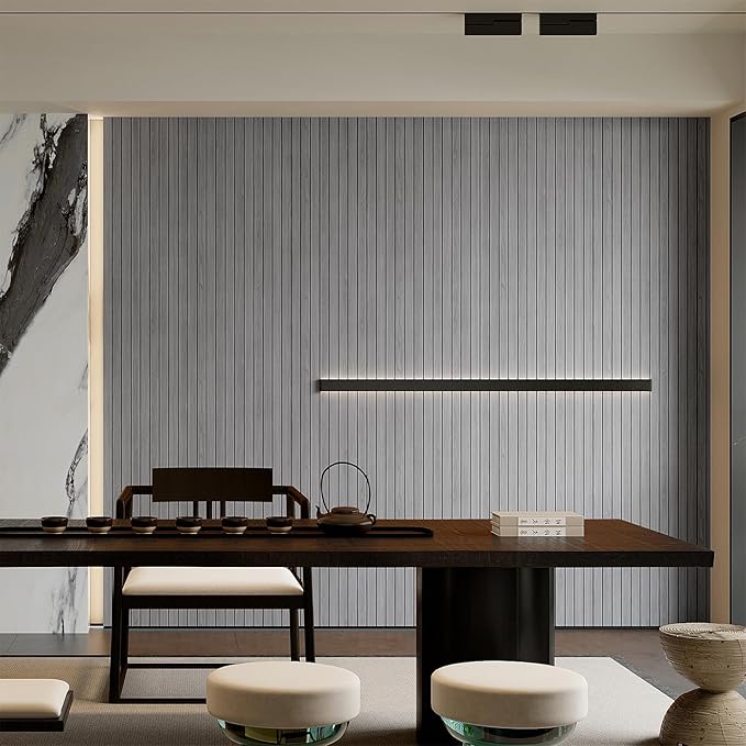 YU LI 3DH Peel and Stick PVC Slat Wall Panel 118"x15.75" Self-Adhesive Thick Faux Grey Wood Grain Wallpaper Panel 3D Soundproof Wall Panels for Walls & Ceilings