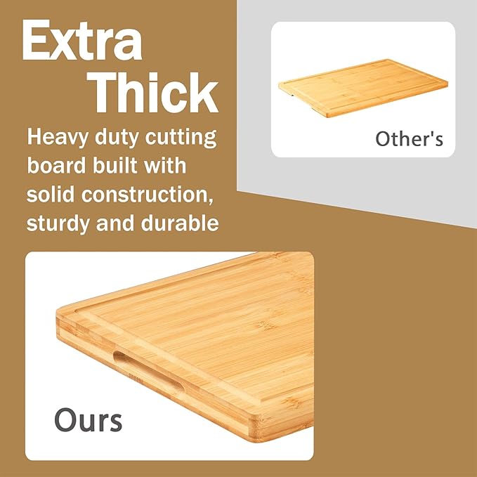 Allsum Bamboo Wood Cutting Boards for Kitchen, 1" Extra Thick Butcher Block with Juice Grooves & Handles Resisting to Warping and Cracking, Fancy Charcuterie Boards, 16"L x 11"W