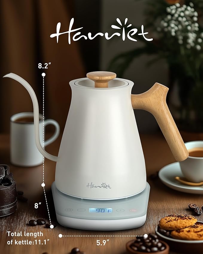Harriet Gooseneck Electric Kettle 1200W Fast Heat, 0.8L Stainless Steel, Precision Temp Control & Timer, Wood Handle