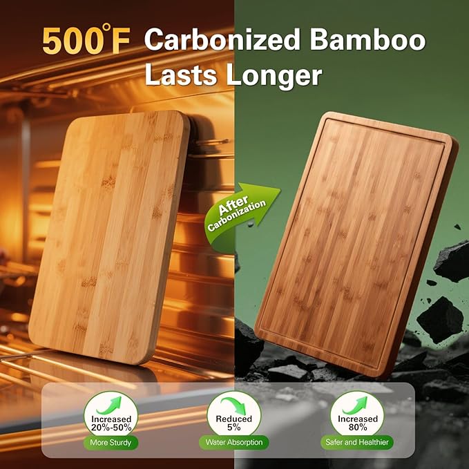 Zarler Bamboo Cutting Boards for Kitchen, 15.5x10.5 Durable Wood Cutting Board with Juice Grooves and Handles, Wooden Chopping Board for Meal Prep, 500℉ Carbonized Bamboo, XL Size, Ideal Kitchen Gift