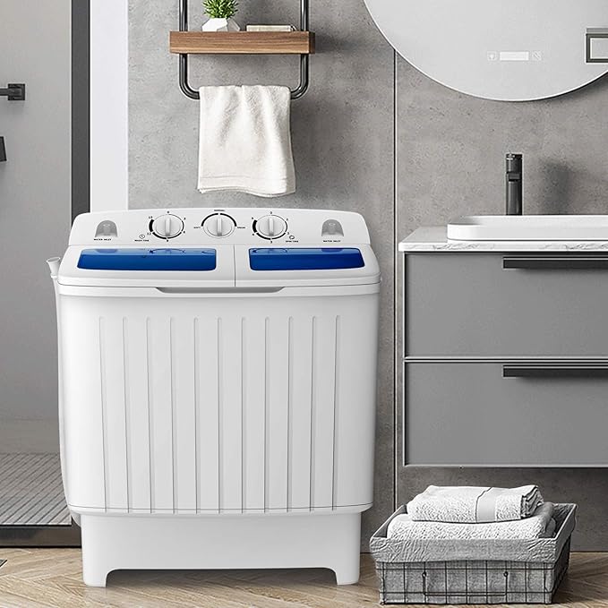 COSTWAY Portable Washing Machine, Twin Tub 20 Lbs Capacity, Compact Laundry Washer(12 Lbs) and Spinner(8 Lbs), Durable Design, Timer Control, Perfect for RV, Apartments and Dorms, Blue+White