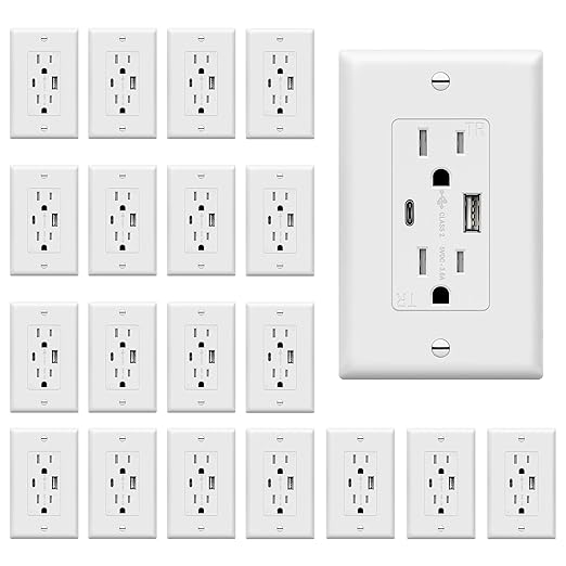 TOPGREENER USB Outlet, Type C & Type A USB Wall Outlet, 15 Amp TR Receptacle Plug, Charging Power Outlet with USB Ports, Wall Plate Included, UL Listed, TU21536AC-WWP-20PCS, White, 20 Pack