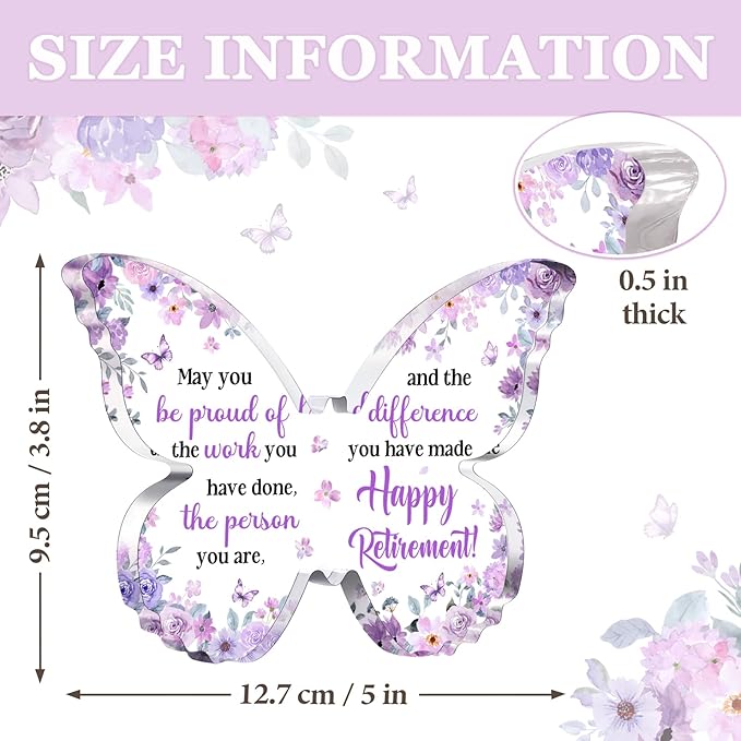 Unique Retirement Gift for Woman Men 2026, 5x3.8x0.5 Inch Purple Butterfly Acrylic Plaque Decor with Warm Words, Best Retirement Gifts for Coworker Teacher Friend Nurse Boss