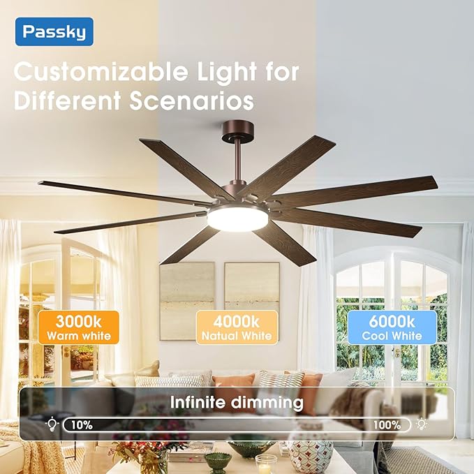 72 Inch Ceiling Fans with Lights, Large Modern Ceiling Fan with Light and Remote Control, Reversible, 3CCT, Dimmable, Quiet, Brown Ceiling Fan for Bedroom Living Room Patio Farmhouse, Indoor/Outdoor