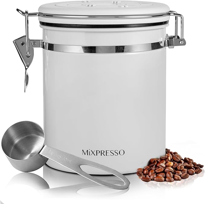 Mixpresso White 16 Oz Stainless Steel Coffee Canister with Scoop – Airtight Coffee Container with CO2 Valve for Bean Storage, Date Tracker Lid