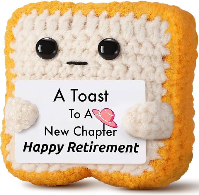 Crochet Toast Retirement Plush – Handmade “A Toast to a New Chapter” Card – Unique Retirement Gift for Coworker, Boss, Teacher, Mom, Dad – Funny Retired Present Desk Decor Keepsake