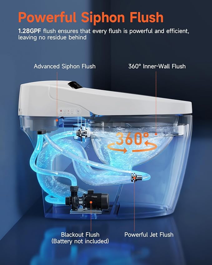 Smart Toilet With Bidet Built In,Bidet Toilet with with 17.3" ADA Comfort Height Seat, Auto Open Close,Warm Water Sprayer & Dryer, Foot Sensor,Tankless Toilet with Heated Seat