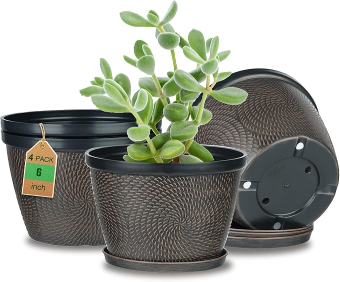Quarut 4 Pack 6 Inch Flower Pots Planters for Outdoor Indoor | Plastic Plant Pots with Drainage Hole & Tray, Modern Decorative Garden Pot with Saucer, planters for House (Drak Bown)