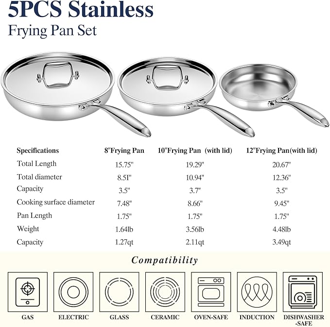 Stainless Steel Frying Pan Set with Lid, Umite Chef 3Pcs Skillet Set (Includes 8",10",12") - 5 Ply Stainless Clad - Heavy Duty & Professional Cookware Set, Fast & Even Heat, Dishwasher and Oven Safe