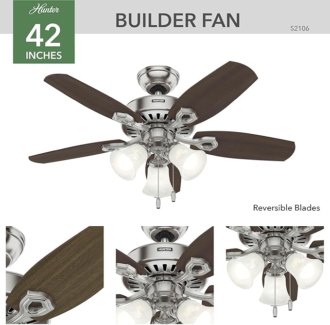 Hunter 42 inch Indoor Ceiling Fan with LED Lights - Ceiling Fan with Pull Chain, For Bedroom or Living Room, Standard Mount, No Remote, 5 Blades, Includes Bulbs - Builder 52106, Brushed Nickel