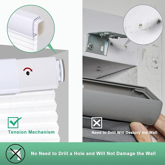 Tonature No Drill Cellular Shades for Indoor Windows, Thermal Insulating & Noise Reducing Honeycomb Blinds, Cordless Free Stop Blinds Light Filtering, White,46 1/2" W x 48" H