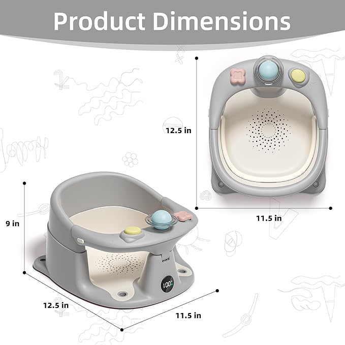 Baby Bath Seat for Babies 6 Months & up with Thermometer, Non-Slip Toddler Bath Seats for Sitting Up, Safe Infant & Newborn Bathtub Chair with 4 Suction Cups, Soft Cushion & Temperature Display, Gray