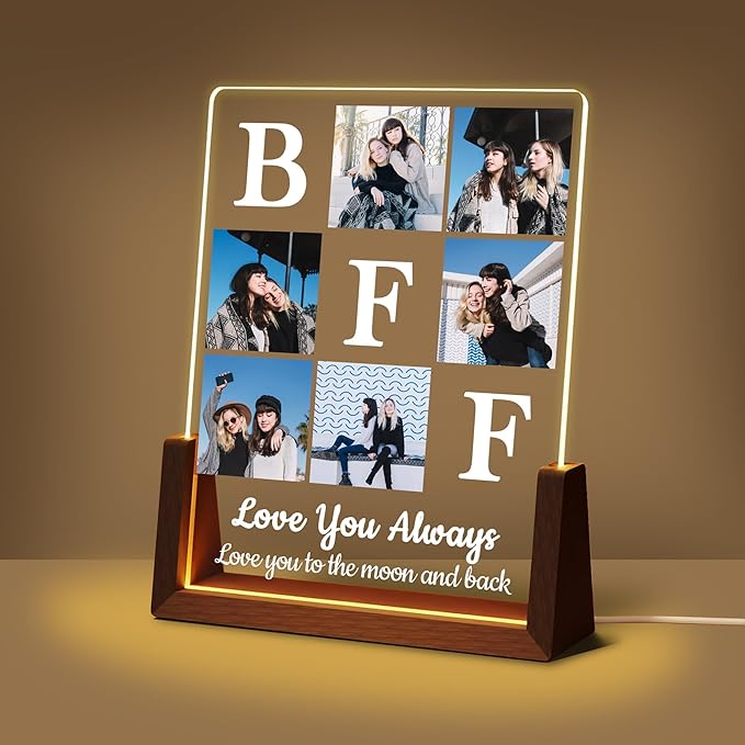 Custom Best Friend Christmas Birthday Gifts Picture Frame, Friendship Gifts For Women Friends Sister, Acrylic Plaque Photo Collage Frame With Night Light, Personalized BFF Besties Long Distance Gift