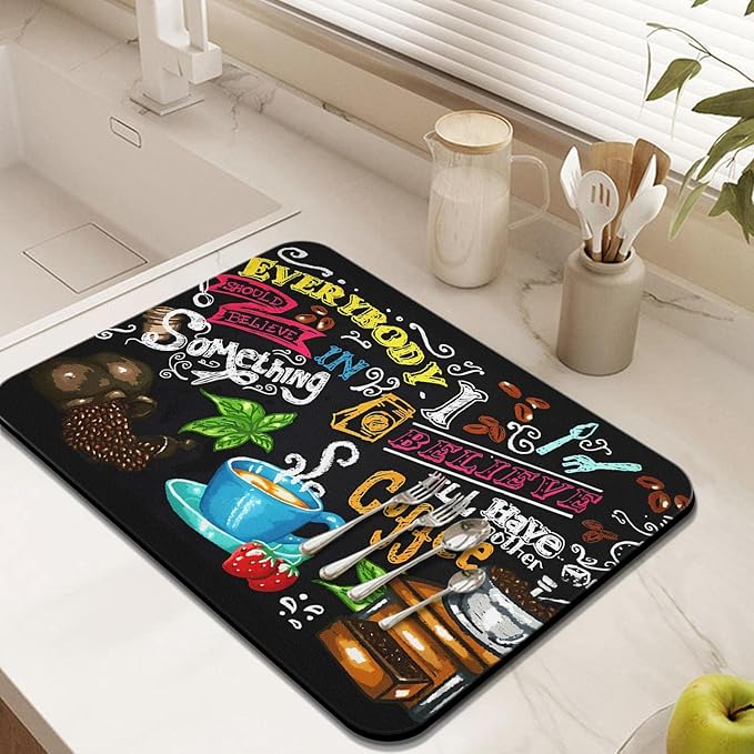 Coffee Bar Mat Accessories for Countertop Absorbent Hide Stain Rubber Backed Dish Drying Mats for Kitchen Counter Draining Pad Decor Gift(24x18in)