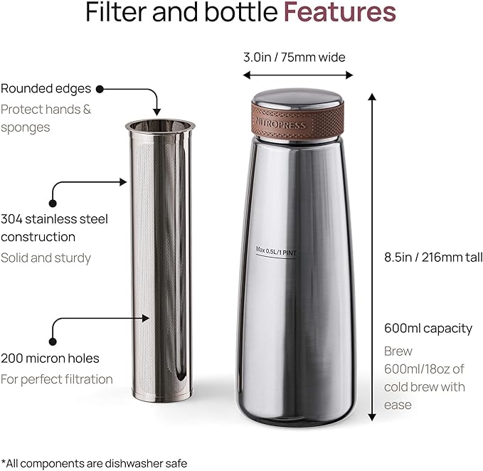 NitroPress Cold Brew Coffee Maker – Stainless Steel Home Brew Kit for Coffee and Tea with 200 Micron Filter Basket and Storage Cap - Perfect for Cold Brew at Home - Gift for Coffee Lovers