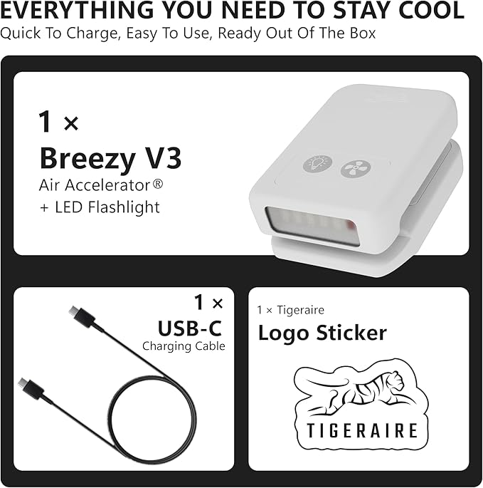 Tigeraire Breezy V3 Clip-On Hat Fan for Sportsmen & Tradesmen - Lightweight Head Cooler, USB-C Recharge, 11 MPH Airflow, 10+ Hr Runtime, Defogs Eyewear & Face Shields - Portable Heat Relief - White