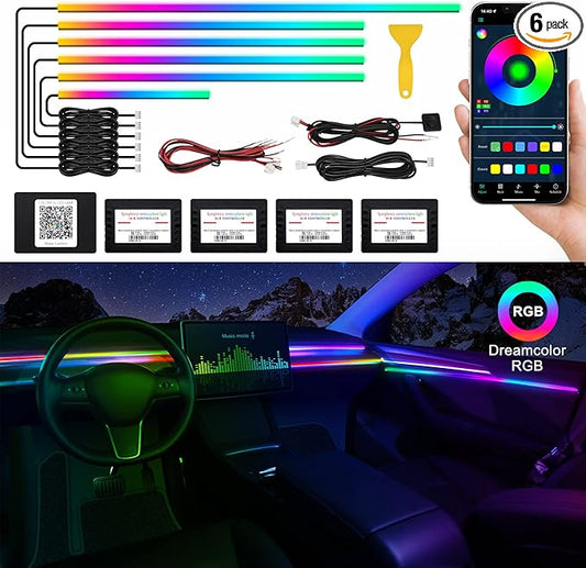 Acrylic Interior Car LED Strip Light with Wireless APP, RGB Dreamcolor 6 in 1 with 175 inches 593 LEDs Fiber Optic Ambient Lighting Kits, 16 Million Colors Sound Active Function Car Neon Lights